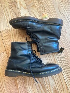 Dr. Martens Black Leather 8-Eye Lace-Up Boots with Yellow Stitching